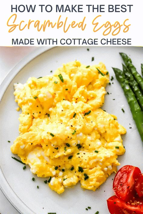 Add some cottage cheese to your scrambled eggs for a surprisingly delicious and flavorful protein-packed breakfast you are going to love. These cottage cheese eggs are the perfect quick breakfast to fuel you through your morning. 28 grams of protein per serving! Scrambled Eggs With Cottage Cheese, Eggs With Cottage Cheese, Cottage Cheese Scrambled Eggs, Cottage Cheese Recipes Breakfast, Cheese Scrambled Eggs, The Best Scrambled Eggs, Protein Cottage Cheese, Cottage Cheese Recipes Healthy, Best Scrambled Eggs