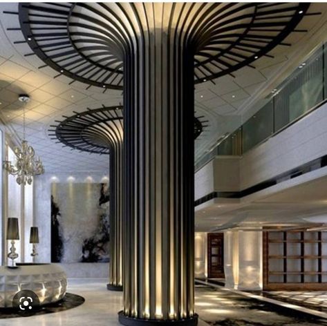 Column Design Exterior, Pillar Cladding, Round Column Design, Column Cladding, Architectural Trees, Metal Column, Garage Entrance, Hotel Design Architecture, Marble Flooring Design