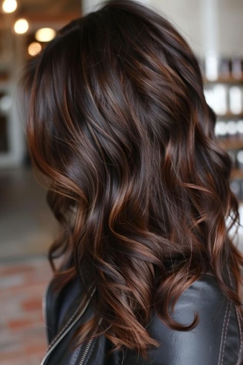 43+ Trending Fall Hair Color Ideas for 2024 2024 Fall Brunette Hair Trends, Dark Hair Colors With Highlights, Brown Hair With Highlights Winter, Dark Brown With Brown Highlights, Brunette Hair With Lowlights Warm Browns, Caramel Mocha Balayage, How To Cover Grey Hair In Dark Hair, Fall Dark Hair Color, Warm Chocolate Brown Hair Rich Brunette Dark Caramel Highlights