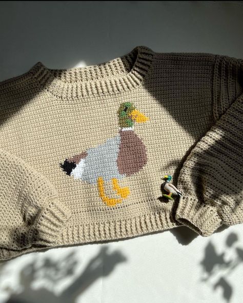 Crochet Duck Sweater, Sweater Crochet Patterns, Knitted Duck, Duck Sweater Crochet Pattern, Crochet Whimsical, Duck Crochet Sweater, Crochet Tapestry Sweater, Vintage Knitting Patterns Free, Tapestry Crochet Sweater