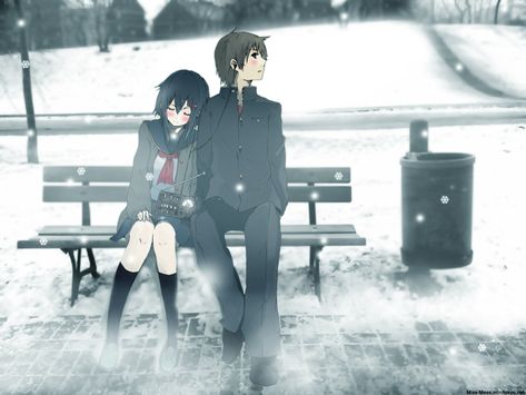 Anime couple sitting on a bench in the snow Relationship Expectations, Ending A Relationship, Falling In Love Again, Human Relationship, Couples Images, Romantic Movies, Love Couple, New People, Cute Anime Couples