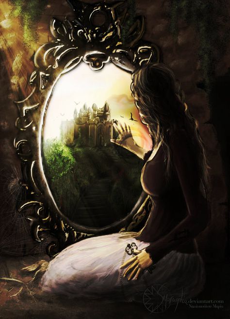 Pose reference by ^Elandria i hope its not black to much :S Happy New Year everyone Mirror Photography, Magic Mirror, Fairytale Art, Fantasy Fairy, Through The Looking Glass, A Mirror, Mirror Image, Fantasy Landscape, Fantasy World