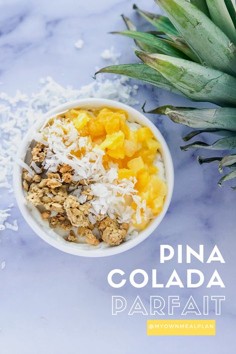 Take your taste buds on a tropical trip with this healthy Pina Colada Parfait! Made with Greek Yogurt, Protein Powder, Coconut Extract, Granola, Pineapple Chunks, and Shredded Coconut! This easy macro friendly treat comes together in no time, and it’s sure to satisfy your sweet tooth! Make it with me! Pineapple Yogurt Parfait, Tropical Yogurt Bowl, Pineapple Yogurt Bowl, Greek Yogurt Protein Powder, Yogurt Protein Powder, Macros Diet Recipes, Healthy Pina Colada, Diy Yogurt, Yogurt Protein