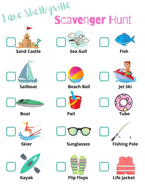 Lake Scavenger Hunt, Cabin Activities, Kids Scavenger Hunt, Beach Scavenger Hunt, Lake Activities, Ski Boats, Outside Activities, Scavenger Hunt For Kids, Baby Activities