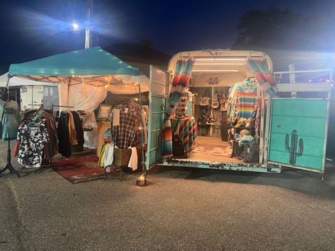 When you turn an old horse trailer into a boutique. . . Horse Trailer Mobile Boutique, Craft Trailer, Trailer Shop Ideas, Trailer Boutique Mobiles, Boutique Trailer Mobile Shop Western, Western Boutique Trailer, Horse Trailer Conversion Boutique, Mobile Hat Boutique, Mobile Craft Trailer