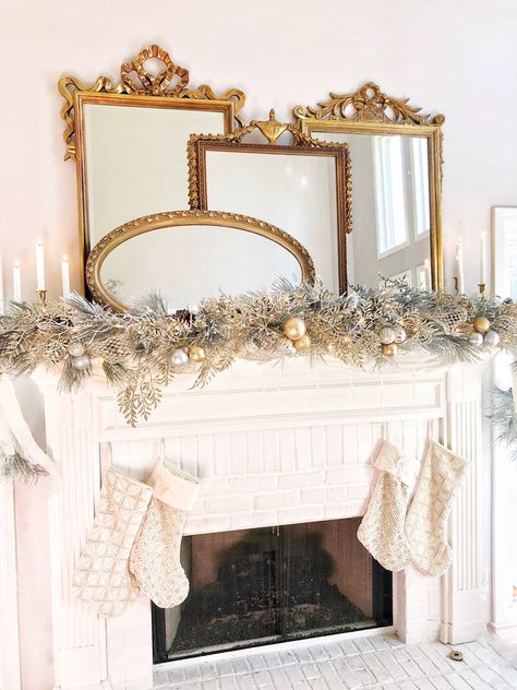 Layered my vintage gold mirrors for my Christmas mantel. Four mirrors is better than one!!  @littlelattihouse Christmas Mantel Decorations Ideas, Layering Mirrors, Mantle Decor With Mirror, Mantle Christmas Decor Ideas, Mirror Above Fireplace, Fireplace Decorating, Mirrors Decor, Christmas Fireplace Mantels, Vintage Gold Mirror