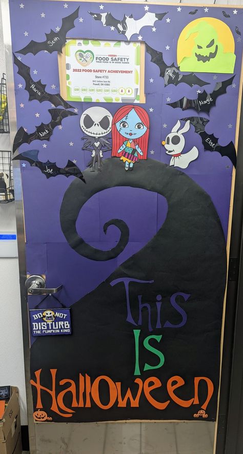 Nightmare Before Christmas Halloween Door Decor, Nightmare Before Christmas Door Ideas, Halloween Door Theme, Halloween Hallway Ideas For School, Jack Skellington Door Decoration, Halloween Teacher Door Decorations, Nightmare Before Christmas Classroom Door, Nightmare Before Christmas Bulletin Board, Nightmare Before Christmas Halloween Door