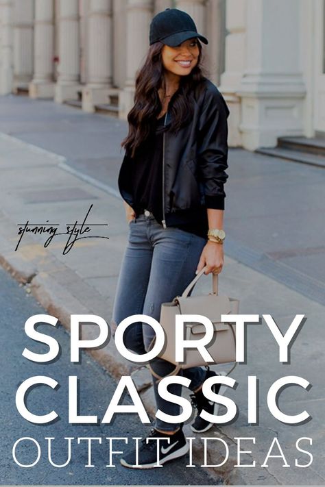 Sporty outfits can be dressed up or down, and with the right elements you can bring that sporty vibe into your everyday wardrobe. If you think you might have a sporty classic look or vibe, then we have the sporty classic outfit ideas that are so cute, but also perfect for any on the go activity! Check out our closet of outfit inspiration now! Sports Watching Outfit Women, Sporty Looks Women, Sports Work Outfit, Sporty Classic Style Women, Sporty Chic Capsule Wardrobe, Casual Chic Sporty Outfit, Spring Outfits Sporty, Feminine Sporty Outfits, Sporty Classic Outfits