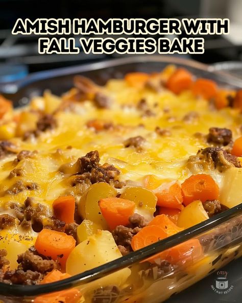 Amish Hamburger with Fall Veggies Bake – Easy Instant Recipes Mixed Vegetable Casserole, Autumn Vegetables, Easy Vegetable Recipes, Cooking With Ground Beef, Fall Veggies, Easy Family Recipes, Main Dish Casseroles, Yummy Fall Recipes, Baked Veggies