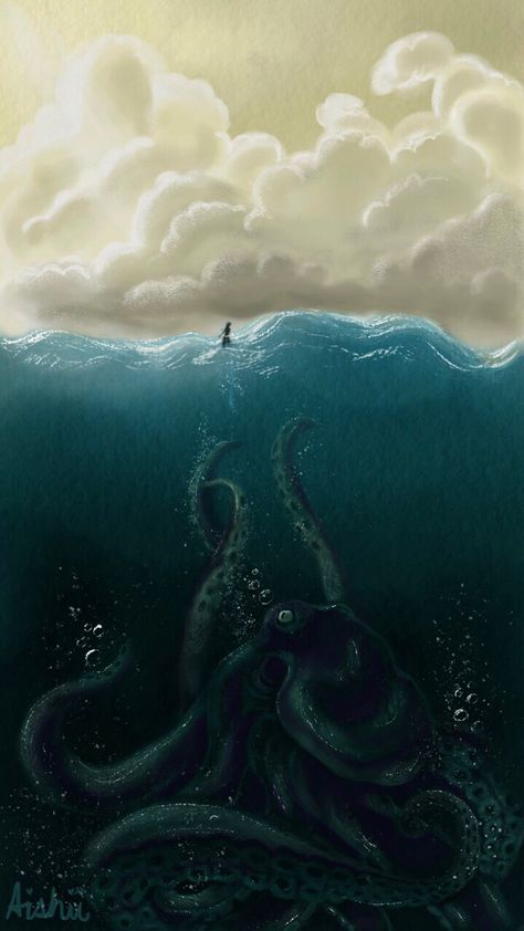 “I always feared the giants below us, always watching, always waiting” Fear Of Ocean Drawing, Scary Ocean Art, Scary Ocean Drawings, Phobia Of Ocean, Thalassophobia Drawing, Fear Of Ocean, Thalassophobia Art, Cosmic Octopus, Kraken Wallpaper