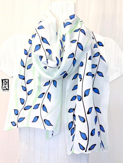 White Silk Scarf, Saree Painting, Green Vines, Hand Painted Dress, Fabric Paint Designs, Silk Chiffon Scarves, Habotai Silk, Fabric Scarf, Hand Painted Fabric