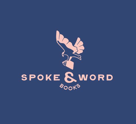 Our logo design for Spoke & Word Books uses a simple hand drawn sans serif font, paired with an illustration of an osprey. The osprey is symbolic of a guardian to the diverse voices of the authors that Spoke & Word Books prioritize sharing in its brick and mortar store. This primary color palette features a soft pink over deep blue. Interested in seeing more of our branding work? Take a look at some of our featured projects on our website. Publishing Logo, Pink Logo Design, Colorful Logo, Work Art, Bold Logo, Brick And Mortar, Spoken Word, Pink Logo, Serif Font