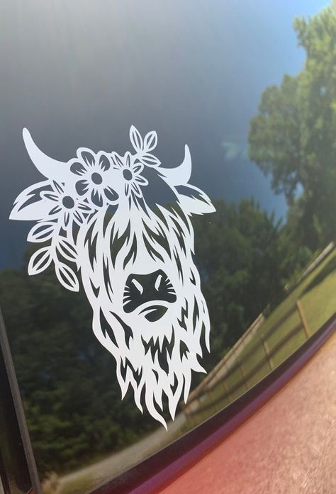 Lovely Highland Cow vinyl car window decal. Vinyl decals are a unique way to add your own personal touch to your vehicle. Includes instructions on how to apply.These are made with permanent vinyl and should last 3-5 years.Sticker measures 5x4 inches. Cow Decals Cars, Cow Car Decal, Cow Car Stickers, Diy Car Decals Cricut, Trendy Car Decals, Best Car Decals, Truck Decal Ideas, Decals For Cars Women, Free Car Decal Svg Files For Cricut