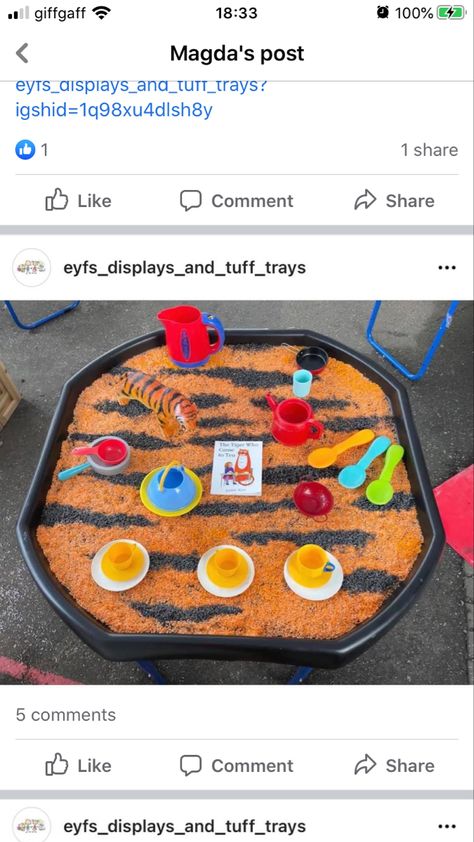 Tiger Comes To Tea Activities, Storytelling Week Eyfs, Rice Tuff Tray Ideas, Tiger Who Came To Tea Tuff Tray, Book Week Tuff Tray Ideas, Zoo Tuff Tray Ideas, Safari Tuff Tray Ideas, Book Themed Tuff Tray, The Tiger Who Came To Tea Activities