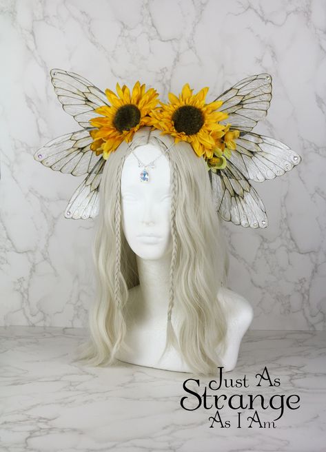 Fairy Wings Flower Crown Festival Butterfly Headpiece - Sunflower Yellow - Renaissance Bridal Adult Fantasy Costume Mesmerising Fairy Wing Headpiece, Dandelion Fairy Costume, Flower Witch Costume, Summer Fairy Costume, Sunflower Costume For Women, Sunflower Fairy Costume, Adult Fairy Costume Diy, Diy Fairy Costume Women, Yellow Fairy Costume