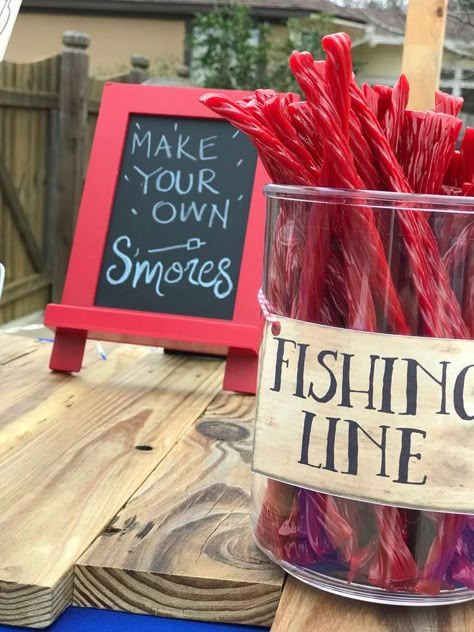 Bait Bar Candy Ideas, Fishing Themed Birthday Party Games, Fish Retirement Party Ideas, Fishing Theme Birthday Food, Diy Fishing Theme Party Decorations, Fishing Themed 30th Birthday Party, Oh Fishally Two Birthday, 30th Fishing Birthday Party, Mens Fishing Birthday Party Ideas