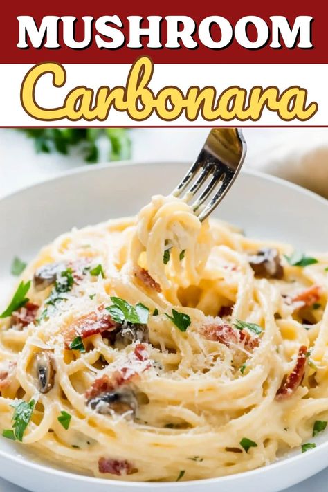 Mushroom carbonara is a flavorful take on an Italian classic! With earthy mushrooms, pancetta, Parmesan, Romano, and spaghetti, it's a true delight. Mushroom Carbonara Recipe, Spaghetti Sauce With Mushrooms, Carbonara Pancetta, Carbonara Recipes, Mushroom Spaghetti Sauce, Shrimp Carbonara, Mushroom Carbonara, Mushrooms Recipes, Pancetta Recipes