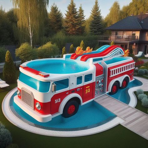 Fire Truck-Shaped Outdoor Pool: Dive into Fun And Transform Your Backyard Play Pool Designs, Fire Truck Playground, Playful Summer Pool Sets, Firestation Playhouse, Backyard Toys For Kidsbuk Beds Fir Boys, Commercial Indoor Playground, Kids Bed Design, Swimming Pool Landscaping, Dream Bedroom Inspiration