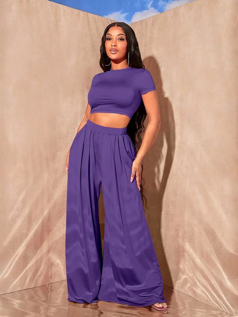 SHEIN SXY Solid Crop Top & Wide Leg PantsI discovered amazing products on SHEIN.com, come check them out! Purple Outfits Women Casual, Purple Wide Leg Pants Outfit, Purple Wide Leg Pants, Wide Leg Pants Outfit Casual, Yacht Party Outfit, Purple Wide Leg, Solid Crop Top, Purple Two Piece, Wide Leg Pants Outfit