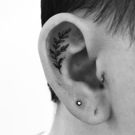 Fern Ear Tattoo Nature Ear Tattoo, Ear Tattoo Leaves, Plant Ear Tattoo, Fern Tattoo Behind Ear, Fern Ear Tattoo, Ear Leaf Tattoo, Leaf Ear Tattoo, Small Fern Tattoo, Ear Tattoo Inner