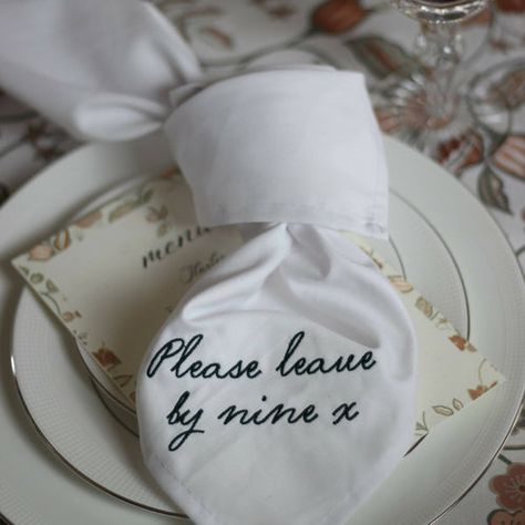 Our embroidered 'please leave by nine' napkins are finished in Cheshire by a family run business. These are 100% Linen in a natural finish, with green thread embroidery. Designed exclusively by Avalon Home. The perfect finishing touch for guests who might just outstay their welcome. Green Thread, Runner Kitchen, Embroidered Napkins, Personalized Napkins, Printed Napkins, Thread Embroidery, Botanical Print, Cotton Napkins, Christmas Shopping