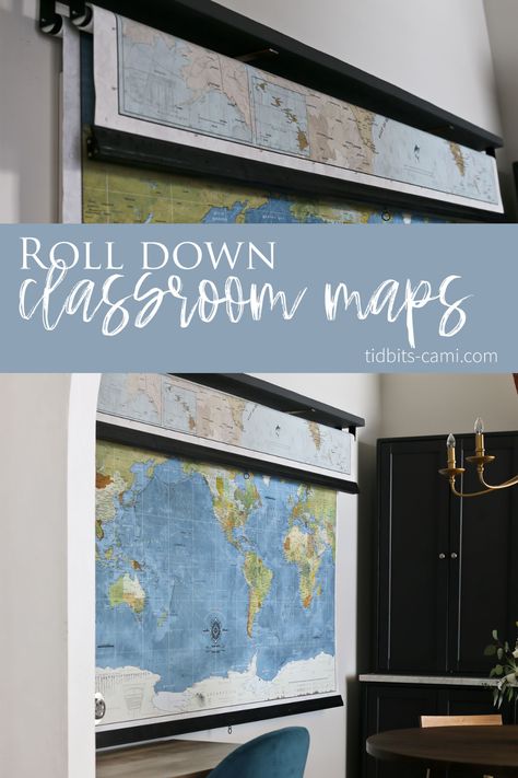 Hidden Homeschool Room, Diy Pull Down Map, Organized Homeschool Room, Modern Farmhouse Homeschool Room, Rustic Homeschool Room, Large Homeschool Room, Shed Homeschool Room, Homeschool Learning Wall, Homeschooling Classroom Setup