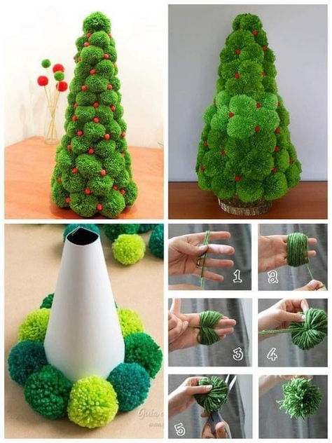 Diy Pom Pom Christmas Decorations, Pom Pom Crafts Christmas, Pompom Christmas Wreath, Pompom Christmas Decorations, Diy Christmas Pom Pom, Pompom Christmas Tree, Pompom Tree, Christmas Pompom, Pom Pom Christmas Tree