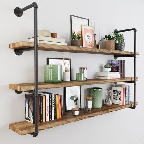 PIPE 60'' Floating Pipe Shelves, Industrial Bookshelf, Pipe Shelving – Wallniture Black Pipe Shelf, Long Shelves, Industrial Wall Shelves, Pipe Shelving, Wall Shelf Display, Industrial Bookshelf, Industrial Pipe Shelves, Burnt Wood, Wood Bookshelves