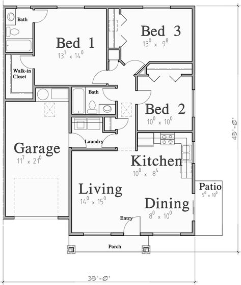 Single Story Duplex House Plan: 3 Bedroom, 2 Bath, With Garage 3 Bedroom Unit Floor Plan, Small House Plan 3 Bedroom, House Plan With 3 Bedrooms, 3bedroom Duplex House Plans, One Floor Home Plans, Duplex 3 Bedroom Plans, 3 Bedroom Two Bath House Plans, Single Storey 3 Bedroom House Plans, 3 Bedroom House Plan With Garage