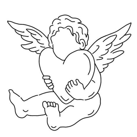 Cupid Neck Tattoos Women, Cherub With Heart Tattoo, Easy Cherubs Drawing, Cupid Angel Drawing, Angel And Heart Tattoo, Angel Holding A Heart Tattoo, Cupid Heart Drawing, Angels Drawing Simple, Angels Drawing Aesthetic