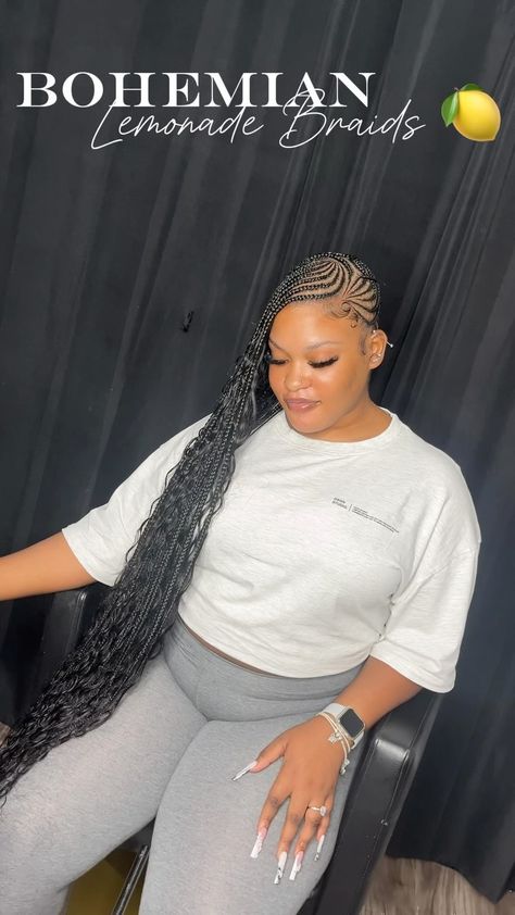 BRAID STYLIST 💕 | My freestyles go hard 😍🖤💨 STYLE: Boho lemonade braids 😍🖤🍋🍋 Dm or call 📥📞 for ALL inquiries or to book #montegobayhairdresser… | Instagram Lemonade Braids Straight Back, Lemonade Braids Boho, Lemonade Boho Braids, Blonde Lemonade Braids, Lemon Braids, Stitch Ponytail, Boho Cornrows, New Braid Styles, Women Cornrows