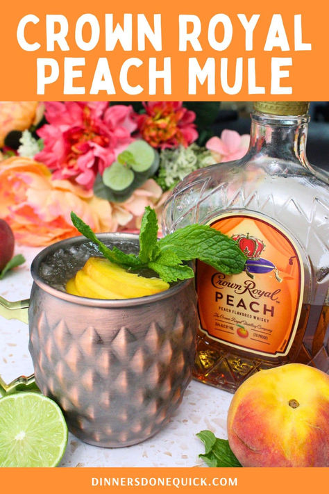 Beat the summer heat with this Crown Royal Peach Mule! This refreshing cocktail combines the smooth taste of Crown Royal Peach Whiskey with ginger beer and fresh lime for a delightful twist on a classic mule. Perfect for summer gatherings or a relaxing evening at home, this easy-to-make cocktail is sure to impress. Click to get the full recipe and mix up your own Crown Royal Peach Mule today! #SummerCocktail #PeachMule #CrownRoyal #CocktailRecipes Peach Mule Recipe, Peach Mule Drink Recipes, Drinks With Crown Royal Peach, Crown Peach Drink Recipes Easy, Drinks With Peach Crown Royal, Crown Peach Drinks Recipes Cocktails, Peach Crown Royal Drink Recipes, Crown Royal Peach Drinks Recipes, Crown Peach Drink Recipes