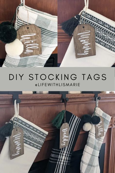 Stocking Name Tags Cricut, Wooden Christmas Gift Tags Diy, Christmas Stockings Ideas Cricut, Cricut Christmas Stocking Names, Mini Stocking Ideas, Cricut Stocking Names, Diy Wooden Tags, Stocking Tassels Diy, Stockings With Name Tags