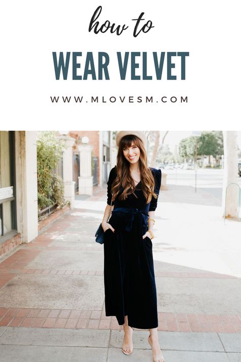 I'm sharing my favorite ways to wear velvet this fall and winter! Velvet is the perfect party look. How cute is this navy blue velvet jumpsuit? I also love velvet shoes, velvet tops, and velvet pants. All the velvet clothes please! Black Velvet Dress Outfit, Velvet Jumpsuit Outfit, Velvet Dress Winter, Velvet Dresses Outfit, Black Velvet Shirt, Navy Velvet Dress, Christmas Hairstyle, Black Velvet Jumpsuit, Trendy Party Outfits