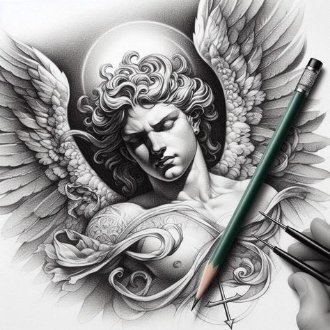 Angel Face Tattoo, Eros Tattoo, Dragon Koi Tattoo Design, Cool Girl Drawings, Atrapasueños Tattoo, Angel Back Tattoo, Angel Sculpture Art, Archangel Michael Tattoo, Archangel Tattoo