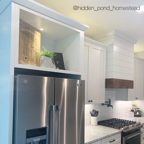 Cabinets Above Refrigerator Kitchen, Kitchen Cabinets Above Fridge, Open Cabinet Over Refrigerator, Open Space Above Kitchen Cabinets Decorating Ideas, Gap Above Refrigerator, Fill Space Above Refrigerator, Open Cabinets Above Refrigerator, Cabinets Above Fridge Ideas, Storage Above The Fridge