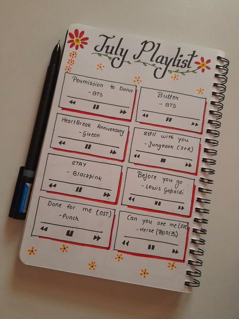 Favourite Songs Journal Page, July Month Aesthetic, Song Diary Ideas, Songs Doodle, Playlist Journal, Songwriting Journal, July Bujo, Song Diary, Music Diary