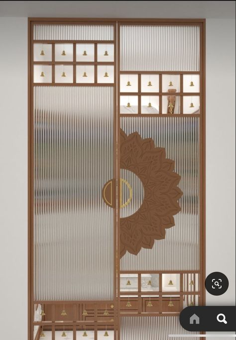 Fluted Glass Pooja Door, Fluted Glass Pooja Room Door, Puja Unit Door Designs, Pu Door Design, Mandir Shutter Design, Pooja Room Glass Door Design Modern, Mandir Partition Design, Puja Room Door Design Indian Modern, Pooja Room Door Design Traditional