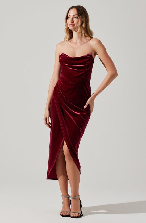 Draped Midi Dress, Wrapped Skirt, Velvet Drapes, Red Strapless Dress, Draped Midi Dresses, Velvet Midi Dress, Crimson Red, Astr The Label, Midi Length Skirts