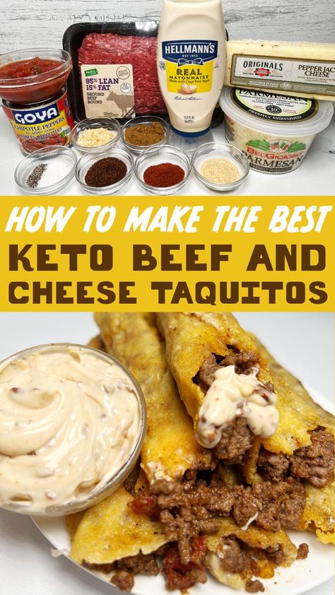 Keto Beef and Cheese Taquitos (4G of Net Carbs) You won't miss the tortillas at all with these crunchy taquitos! We melt 2 kinds of cheese till crispy then roll delicious taco meat up inside and dip them in spicy chipotle mayo! Yum! Plus, how fun is it to say "Keto Taquito!" https://ketoniafoods.com/recipes/how-to-make-the-best-keto-beef-and-cheese-taquitos Steak And Cheese Taquitos, Beef And Cheese Taquitos, Cheese Taquitos, Taquitos Beef, Southwestern Recipes, Beef Round, Keto Beef, Low Carb Mexican, Lectin Free