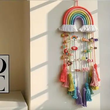 Hanging Rainbow Craft, Girls Room Rainbow, Bow Headband Holder, Rainbow Room Decor, Rainbow Macrame Wall Hangings, Macrame Wall Hanging Decor, Hair Bow Organizer, Playroom Classroom