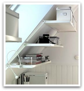 Ikea Ekby, Attic Office, Slanted Walls, Attic Lighting, Attic Closet, Attic Playroom, Ikea Catalog, Small Attic, Attic Bathroom