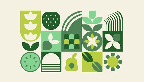 Vector bauhaus plants natural geometric ... | Premium Vector #Freepik #vector Sustainability Graphic Design Ideas, Flower Geometric Design, Shape Patterns Design, Nature Packaging Design, Bauhaus Packaging, Plant Branding, Natural Moodboard, Geometric Branding, Garden Icons