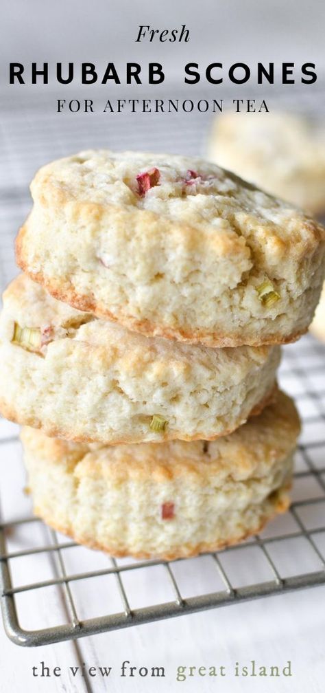 Rhubarb Scones ~ these pretty scones loaded with little bits of juicy rhubarb make a perfect breakfast or afternoon tea-time treat. #easy #recipe #scones #rhubarb #biscuit #breakfast #brunch #tea #baking #best #British #teatime #hightea #afternoontea #flakey #moist #mothersday Pretty Scones, Rhubarb Squares, Rhubarb Scones, Biscuit Breakfast, Baking Scones, Fresh Rhubarb, The View From Great Island, Rhubarb Desserts, Bakery Items