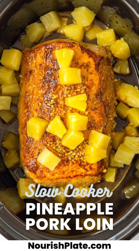 This easy Slow Cooker Pineapple Pork Loin is perfect for when you want to whip up a scrumptious and effortless meal for the whole family. The succulent pork and sweet pineapple mingle beautifully to create an explosion of flavors that everyone will surely love. Slow Cooker Pork And Pineapple, Pork Roast With Pineapple Slow Cooker, Ww Pork Loin Recipes, Pineapple Pork Shoulder, Meat And Pineapple Recipes, Pork Chop Pineapple Recipes Crock Pot, Pork Roast Crockpot Recipes Slow Cooker, Pineapple Pork Marinade, Pork Tenderloin Recipes In Crockpot Pineapple