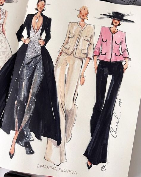 Fashion Illustration Chanel, Art Fashion Illustration, Fashion Sketchbook Inspiration, Fashion Dream Job, Fashion Figure Drawing, Fashion Illustration Sketches Dresses, Fashion Design Sketchbook, Fashion Design Portfolio, Fashion Sketchbook