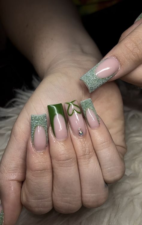 Sage Green Birthday Nails, Sage Green Square Nails, Green Glitter Acrylic Nails, Green Valentines Nails, Green Heart Nails, Patrick Nails, Green Glitter Nails, Glitter Acrylic Nails, Saint Patrick Nail