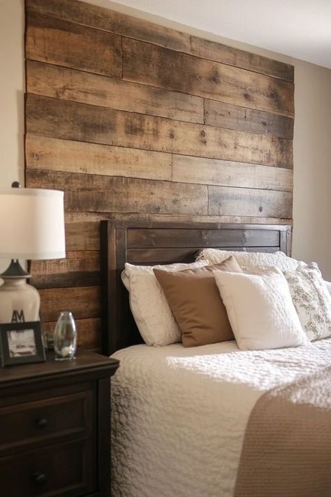 "Bring the outdoors in with a DIY Pallet Wood Accent Wall! 🛠️🪵 Perfect for adding warmth and texture to your living space. 🌟✨ #PalletWall #DIYHomeDecor #RusticLiving" Pallet Wall Headboard, Pallet Wood Wall Bedroom, Rustic Wood Accent Wall Bedroom, Behind The Bed Accent Wall, Interior Cabin Walls Ideas, Barnwood Accent Wall Bedroom, Wood Behind Bed, Diy Wood Accent Wall Bedroom, Wooden Accent Wall Bedroom