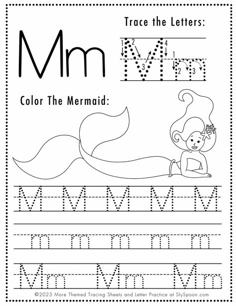 Free Letter M Tracing Worksheet with Mermaid art - Get your little ones excited about learning the letter M with these adorable and FREE printable Mermaid-themed tracing pages! Perfect for preschoolers and toddlers, this set includes upper and lowercase letter tracing to enhance their handwriting skills. Teach while having fun! #LetterM #tracingpages #mermaidtheme #printables #preschoolactivities #toddleractivities M Is For Mermaid, Mermaid Preschool Activities, Letter M Tracing For Preschool, Letter M Worksheets For Preschool, Letter Mm Worksheets, Letter M Crafts For Preschoolers, Letter M Worksheet, Mermaid Worksheets, Letter M Tracing Worksheet