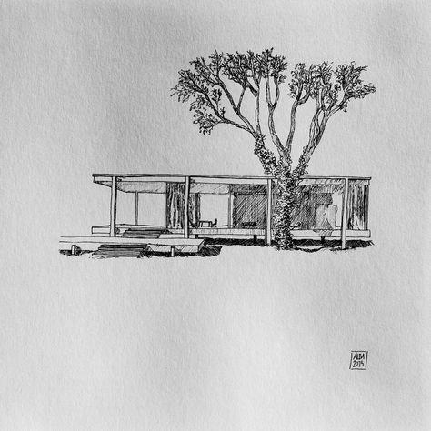 Architectural House Sketch, Farnsworth House Drawing, Architectural House Drawing, Farnsworth House Sketch, Porch Drawing, House Sketch Architecture, Sketches House, Buildings Sketch Architecture, House Sketches